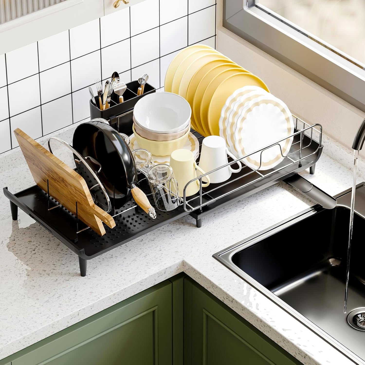 Large Dish Drying Rack, Expandable Stainless Steel with Utensil Holder & Drainboard Z2308