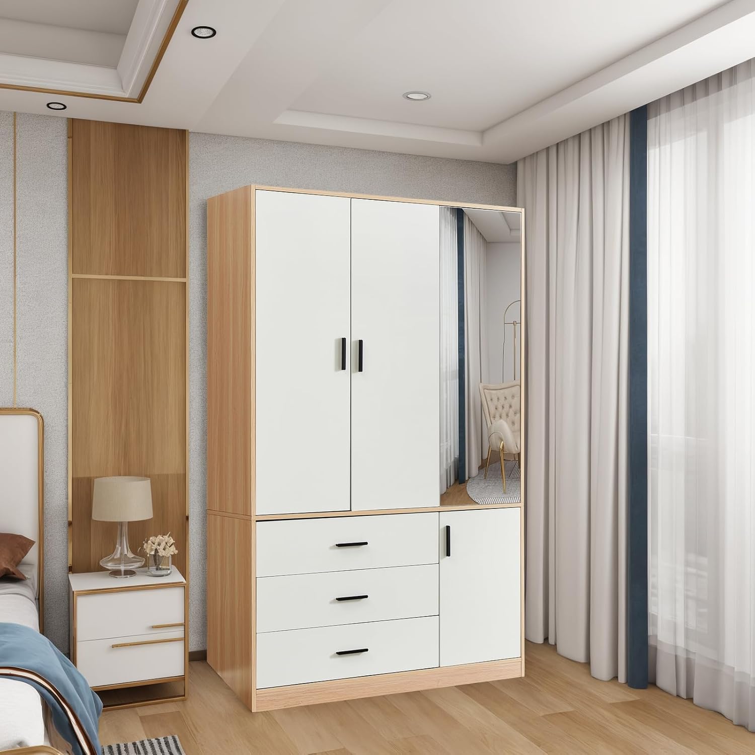 Wardrobe Closet with 3 Drawers, 2 Doors, and Mirror C1354