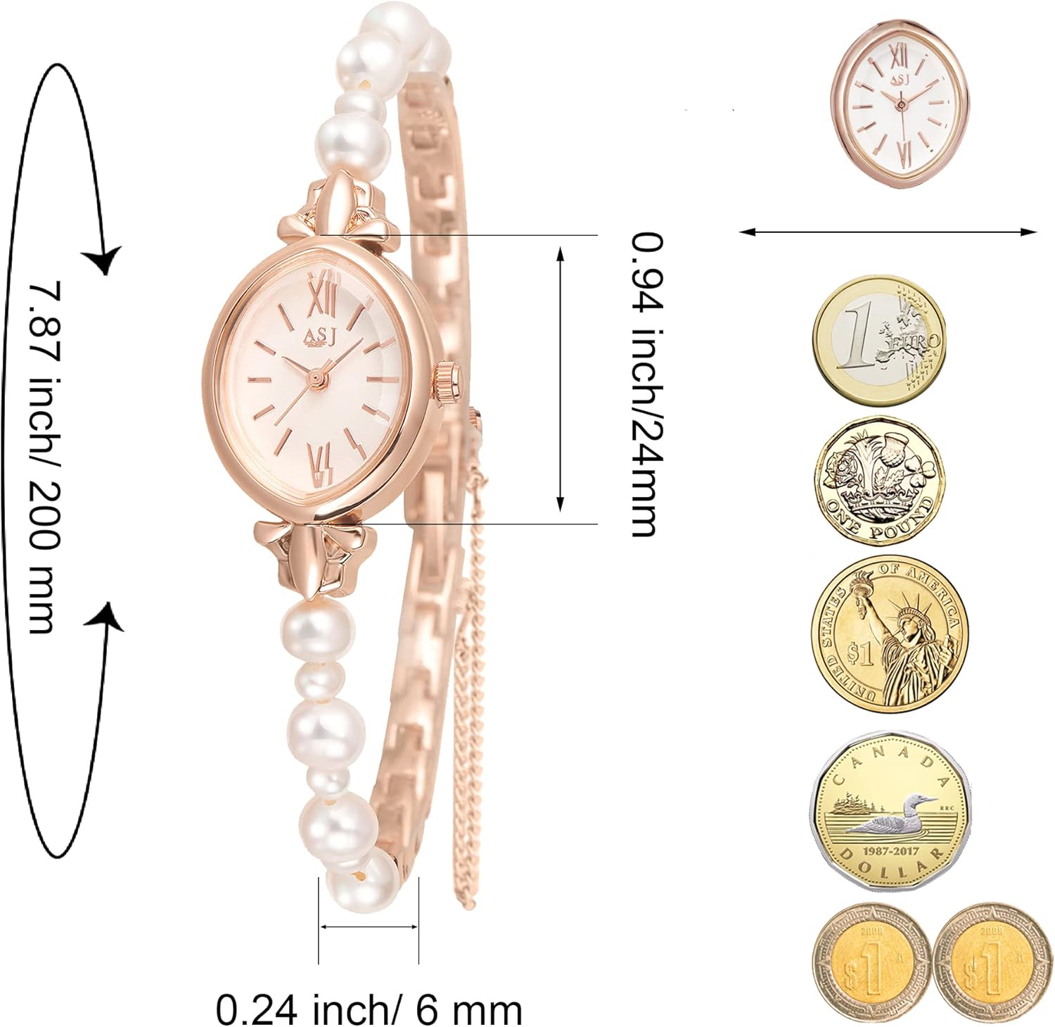 Natural Pearl Watch and Bracelet Set for Women, Rose Gold Oval Dial G8080