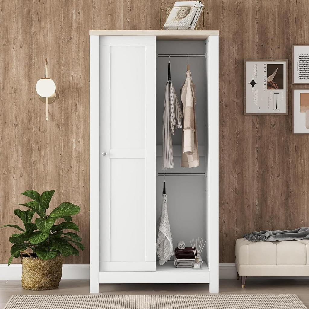 Slim Wooden Wardrobe Closet with 2 Drawers, Shelves and Hanging Rods G1717