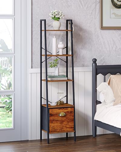 Narrow Bookshelf Bookcase with Drawer, Ladder Shelf with 2 Hooks, 4 Tier Rustic Brown J4949