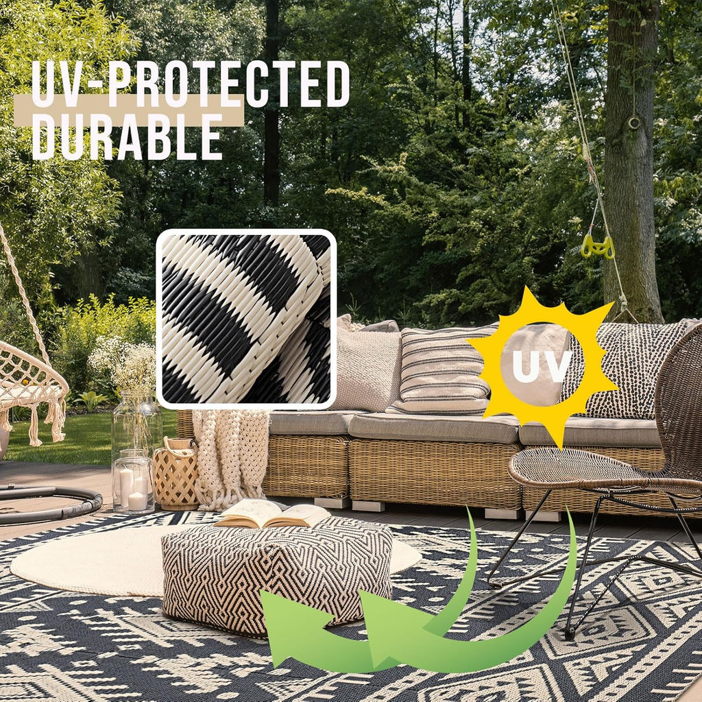 Outdoor Rug Waterproof 5x8 ft, Reversible Patio Carpet, Black & Beige N2568