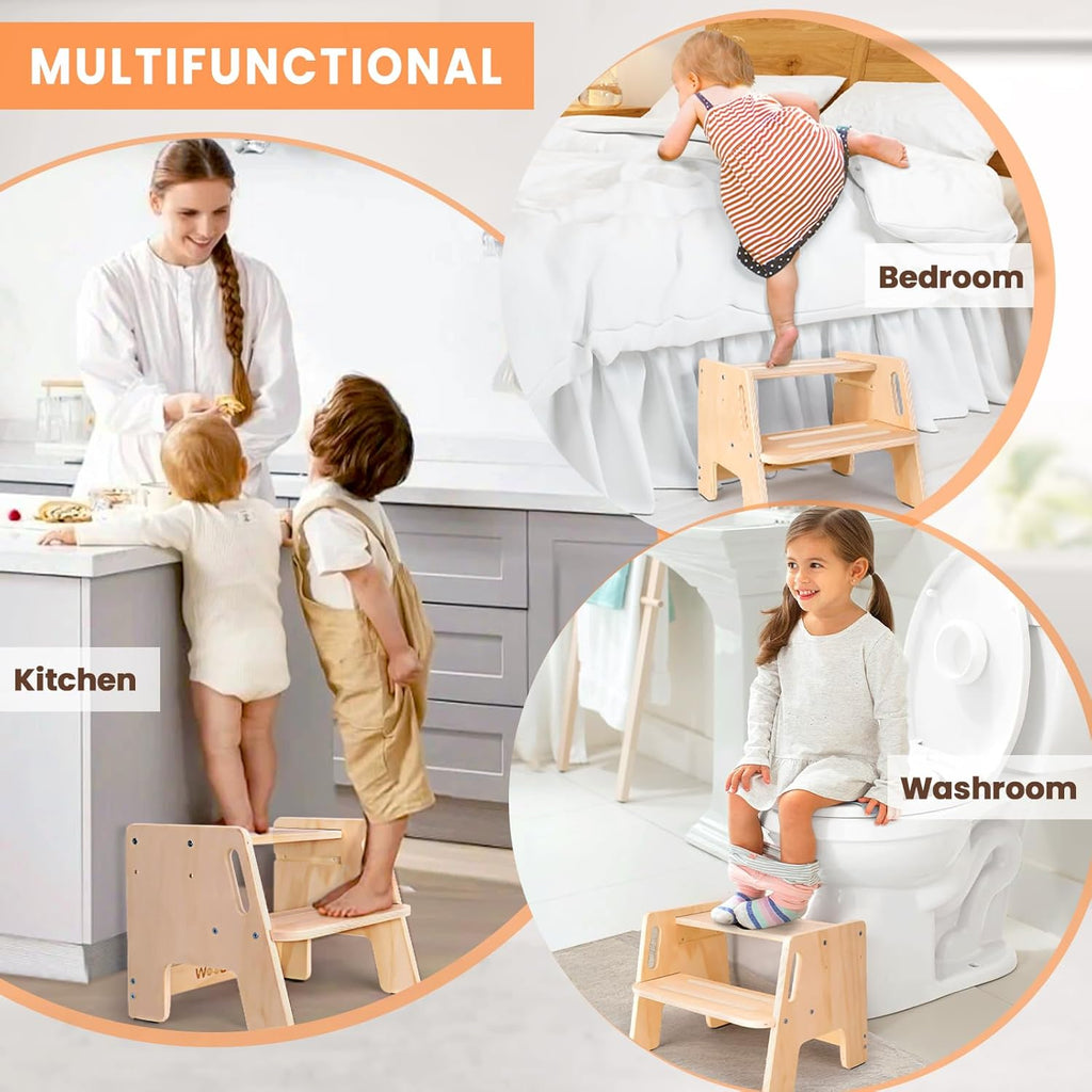 2 Pack Toddler Step Stool, Wooden Height-Adjustable, Potty Training with Handles P38580