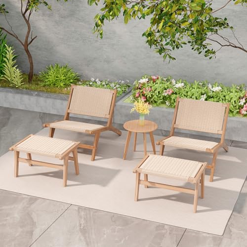 Teak Wood Ottoman Footstool with Braided Rope, 14" H B563