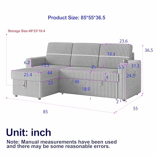 L-Shaped Sleeper Sectional Sofa Bed with Storage Chaise, Corduroy, Brown R16933