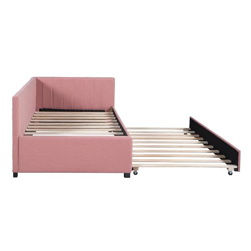 Upholstered Daybed with LED and Trundle, Teddy Fleece Sofa Bed for Kids, Bedroom, Dorm V2020