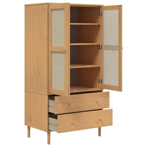 Rattan Look Solid Pine Wood Wardrobe with Ample Storage E52143