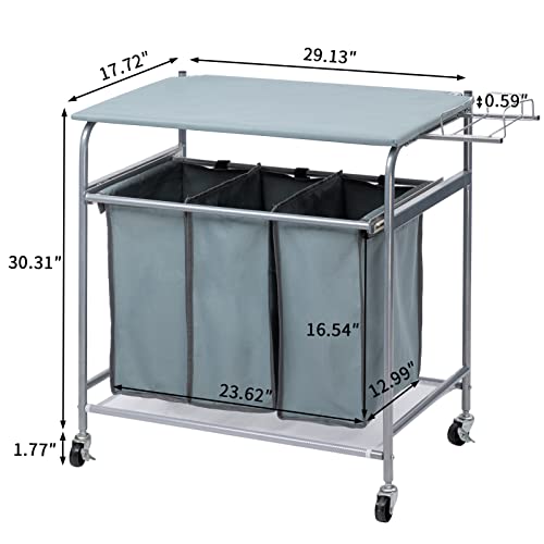 Laundry Sorter with Ironing Board and Rolling 3-Bag Hamper A957