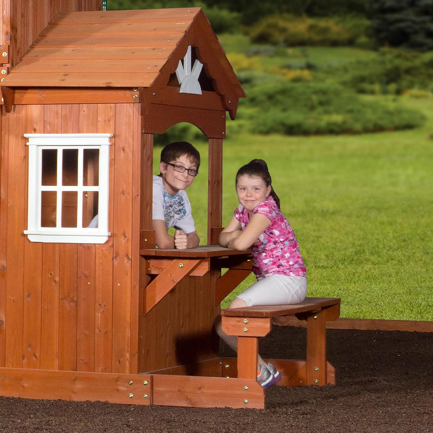 All Cedar Wooden Playset Swing Set with 2 Belt Swings, Trapeze Bar, 10 ft Wave Slide, Covered Playhouse, Rock Wall J462627