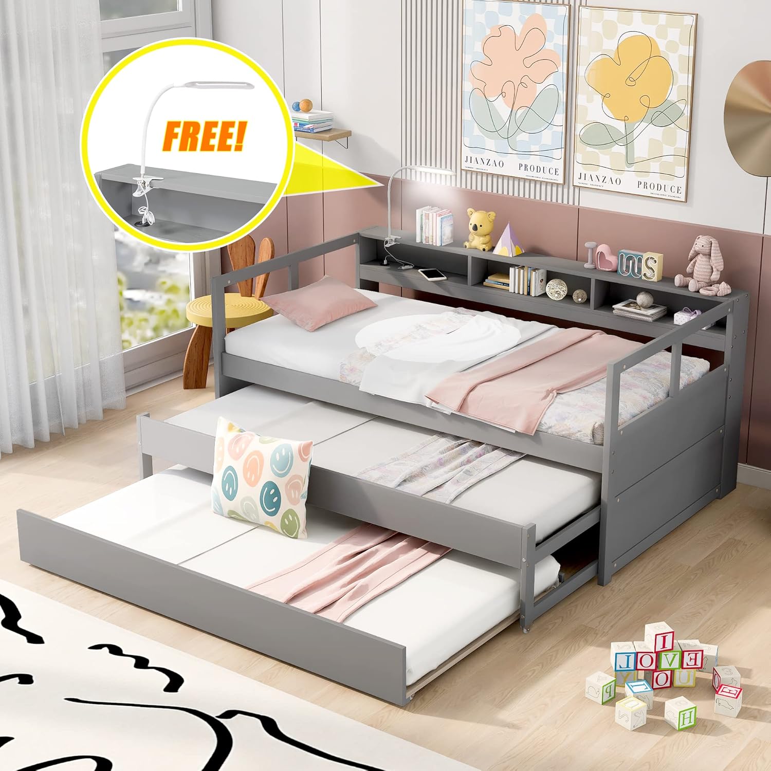 Twin XL Daybed with 2 Trundle Beds and Storage Headboard E82479