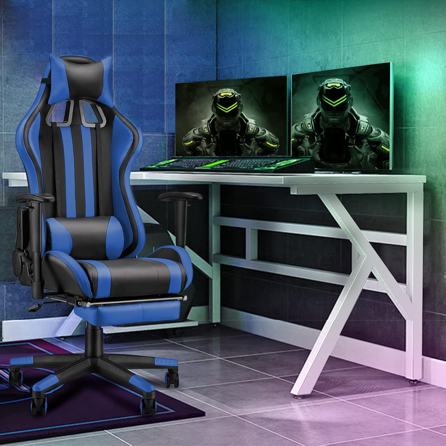 Ergonomic Gaming Chair with Footrest, Reclining PU Leather Office Chair O332
