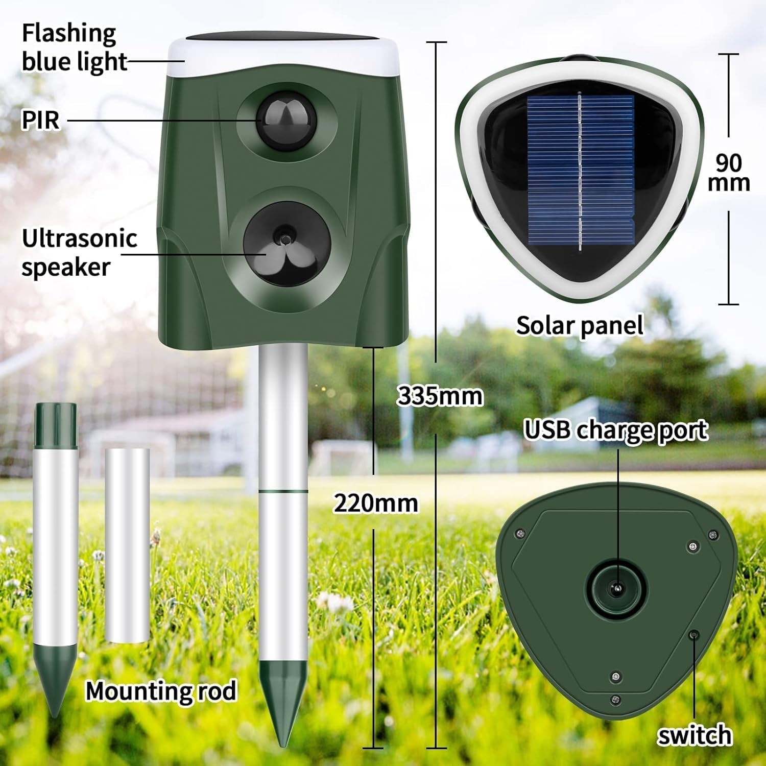 Solar Ultrasonic Animal Repellent with Motion Sensor for Outdoor Yard I29386