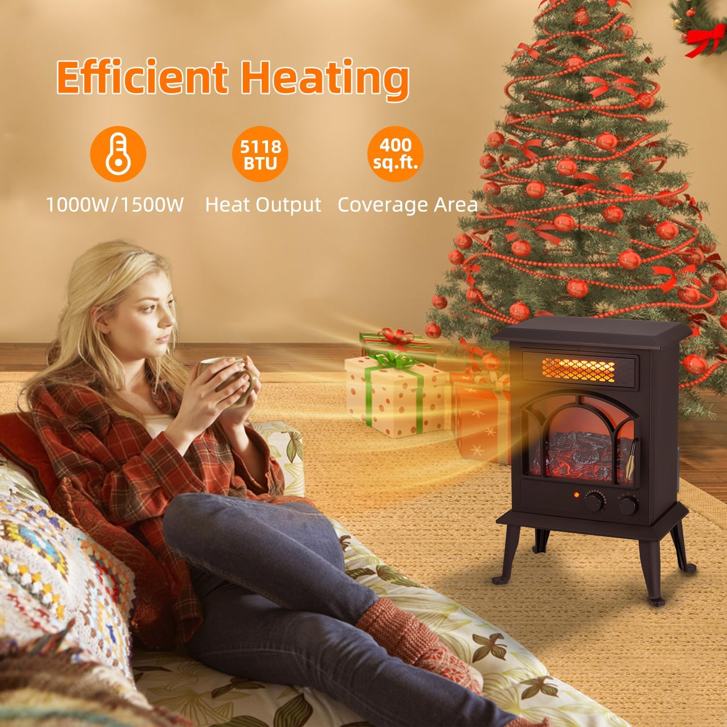 Electric Fireplace Heater, 1500W Portable Infrared Stove with Realistic Flame Effects K372397