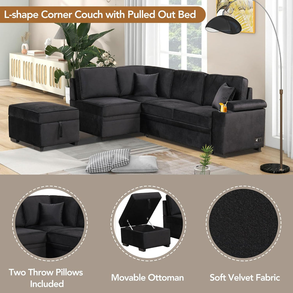 Sleeper Sofa Bed with Storage Ottoman, L-Shape Pull Out Couch L78390