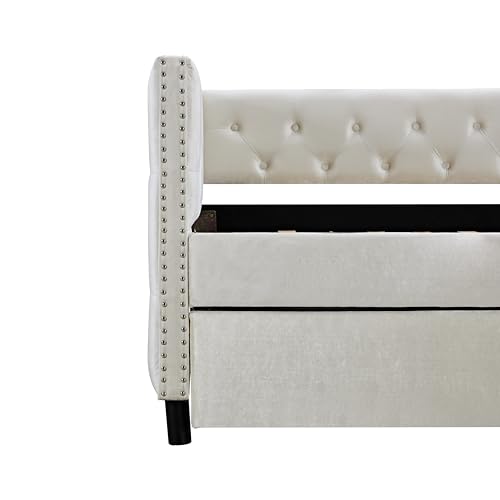 Velvet Upholstered Twin Daybed with Trundle, Beige Y9221