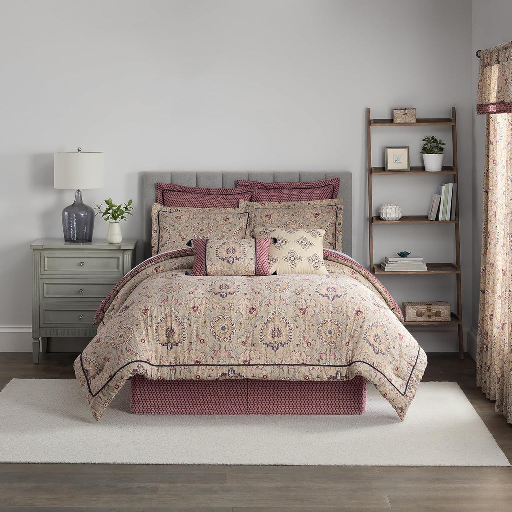 Cotton Comforter Set with Bed Skirt and Pillow Shams, Queen, Beige & Maroon Q2086