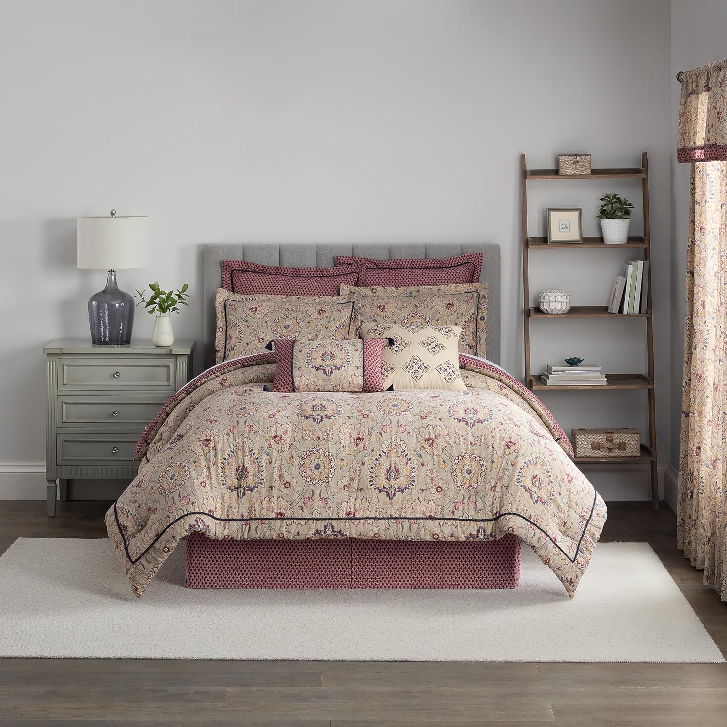 Cotton Comforter Set with Bed Skirt and Pillow Shams, Queen, Beige & Maroon Q2086