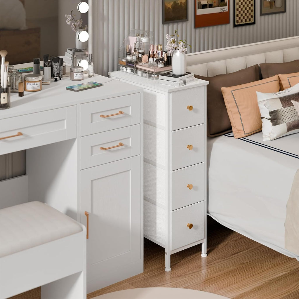 Narrow Storage Cabinet with 4 Drawers, Slim Fabric Dresser Tower for Small Spaces, White with Steel Frame and Wood Top M87984