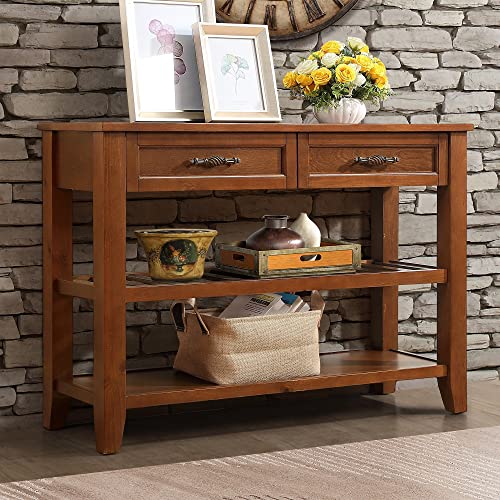 Console Sofa Table with 2 Storage Drawers and 2-Tier Shelves, Solid Wood, Antique White B488324