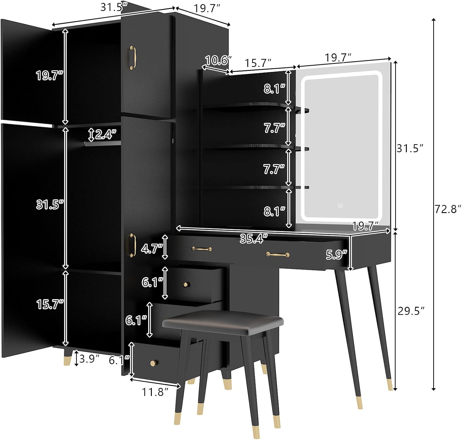 Vanity Desk with Mirror and Stool Set, Storage Cabinet N413234