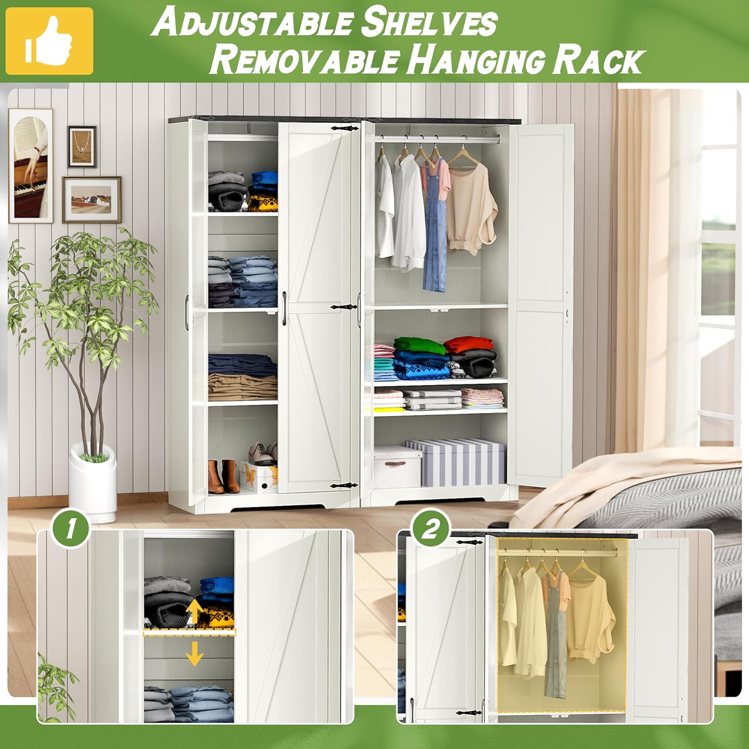 Wardrobe Closet with Doors, White Storage Cabinet with Hanging Rod R927973