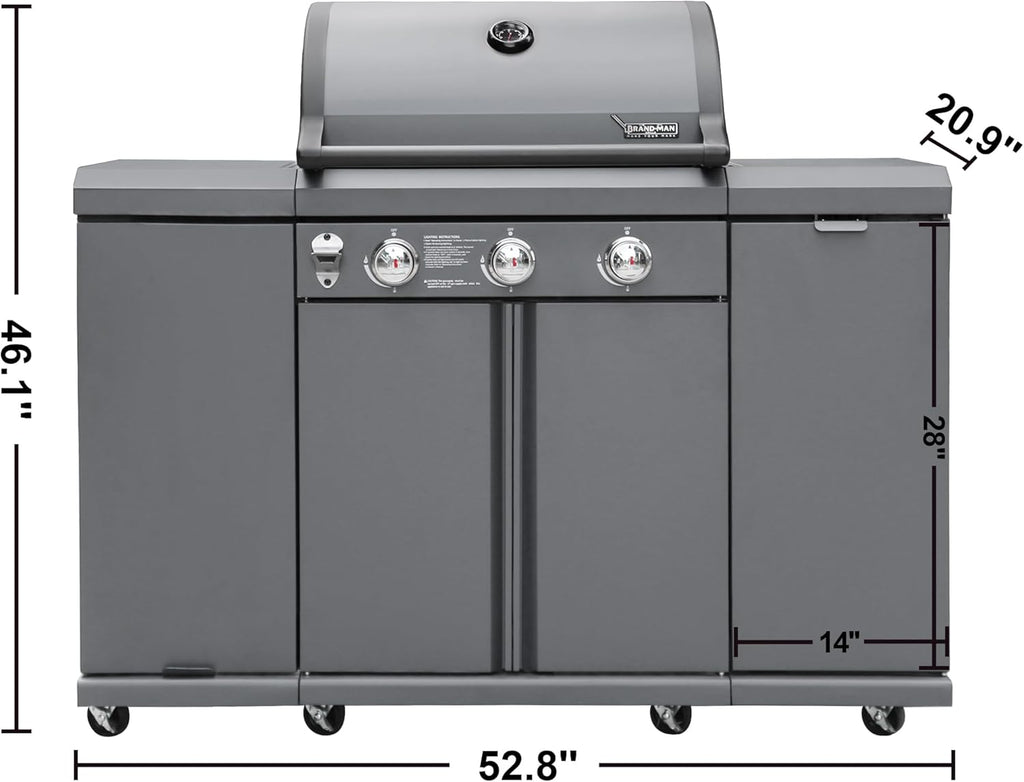 3-Burner Propane Gas BBQ Grill, Stainless Steel Cabinet Style, 30000 BTU, Gray L668