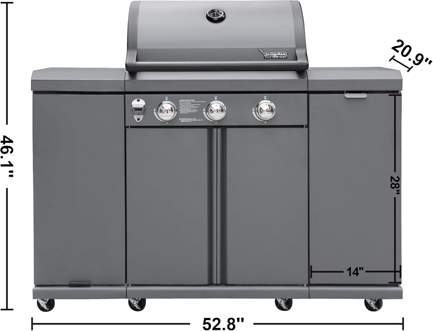 3-Burner Propane Gas BBQ Grill, Stainless Steel Cabinet Style, 30000 BTU, Gray L668