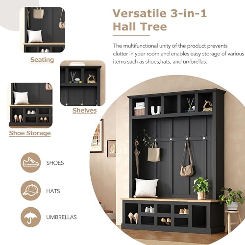 Wide Entryway Hall Tree with Storage Bench and 6 Hooks, Black J9244