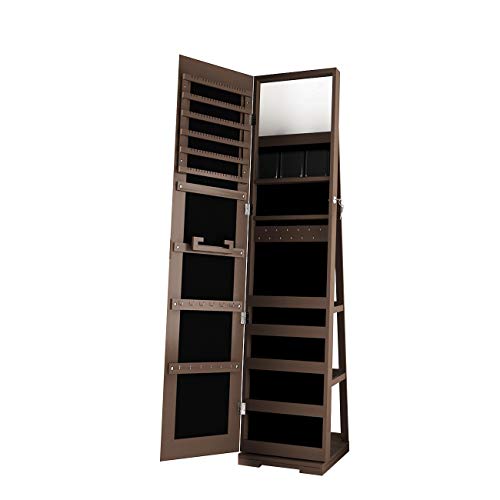 Rotating Jewelry Cabinet with Mirror, Full Length Wooden Storage Armoire with Lock J1222