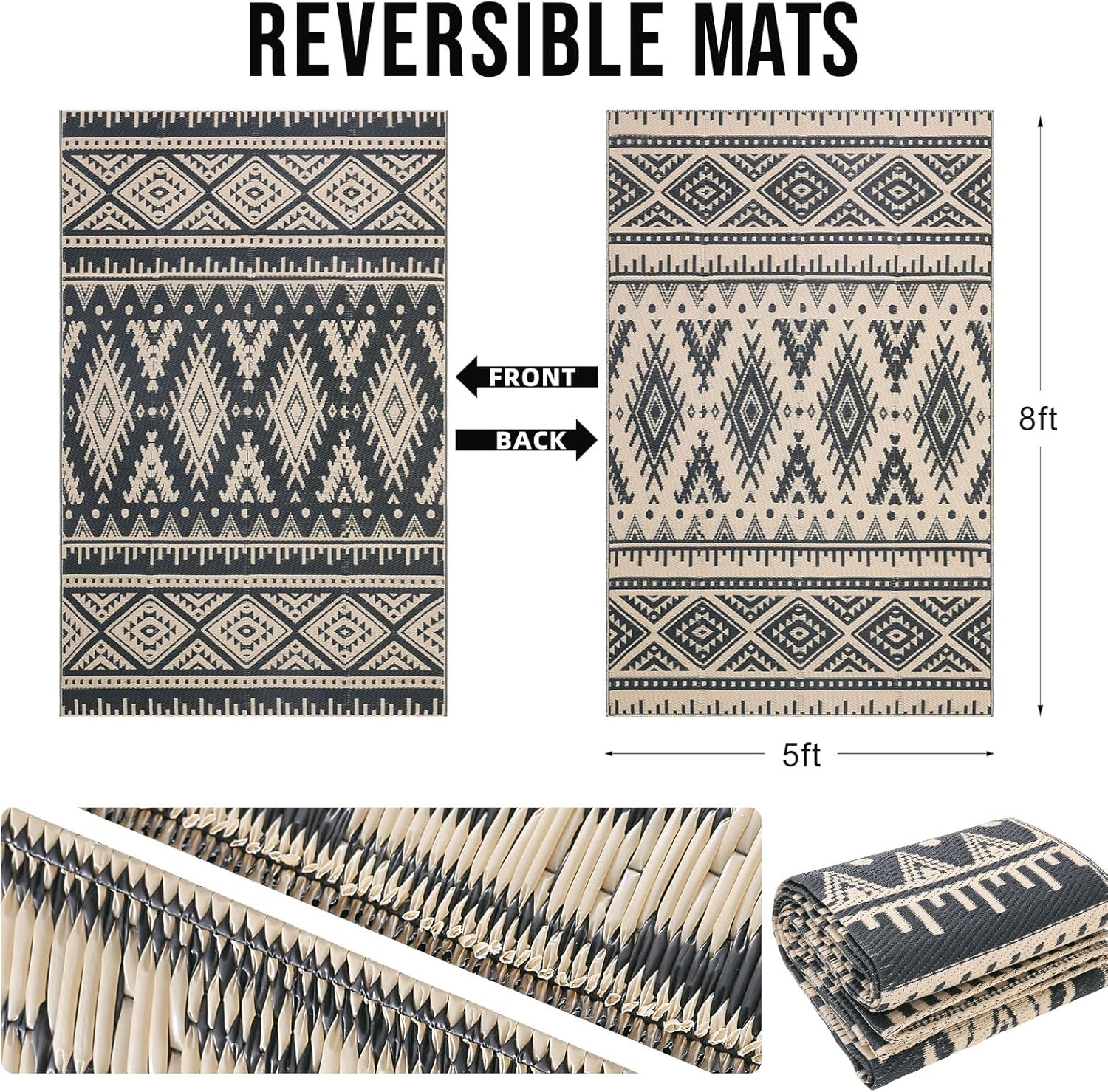 Outdoor Rug Waterproof 5x8 ft, Reversible Patio Carpet, Black & Beige N2568