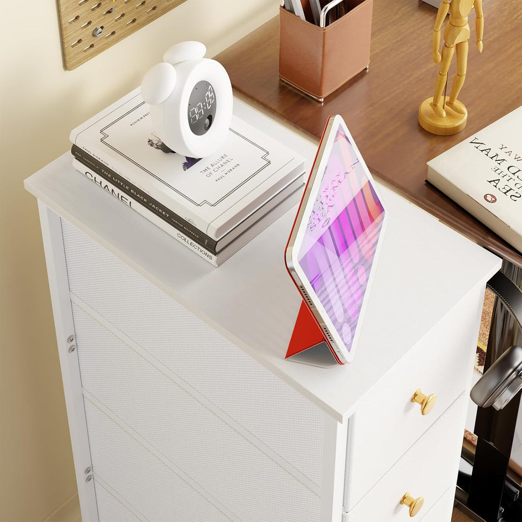 Narrow Storage Cabinet with 4 Drawers, Slim Fabric Dresser Tower for Small Spaces, White with Steel Frame and Wood Top M87984
