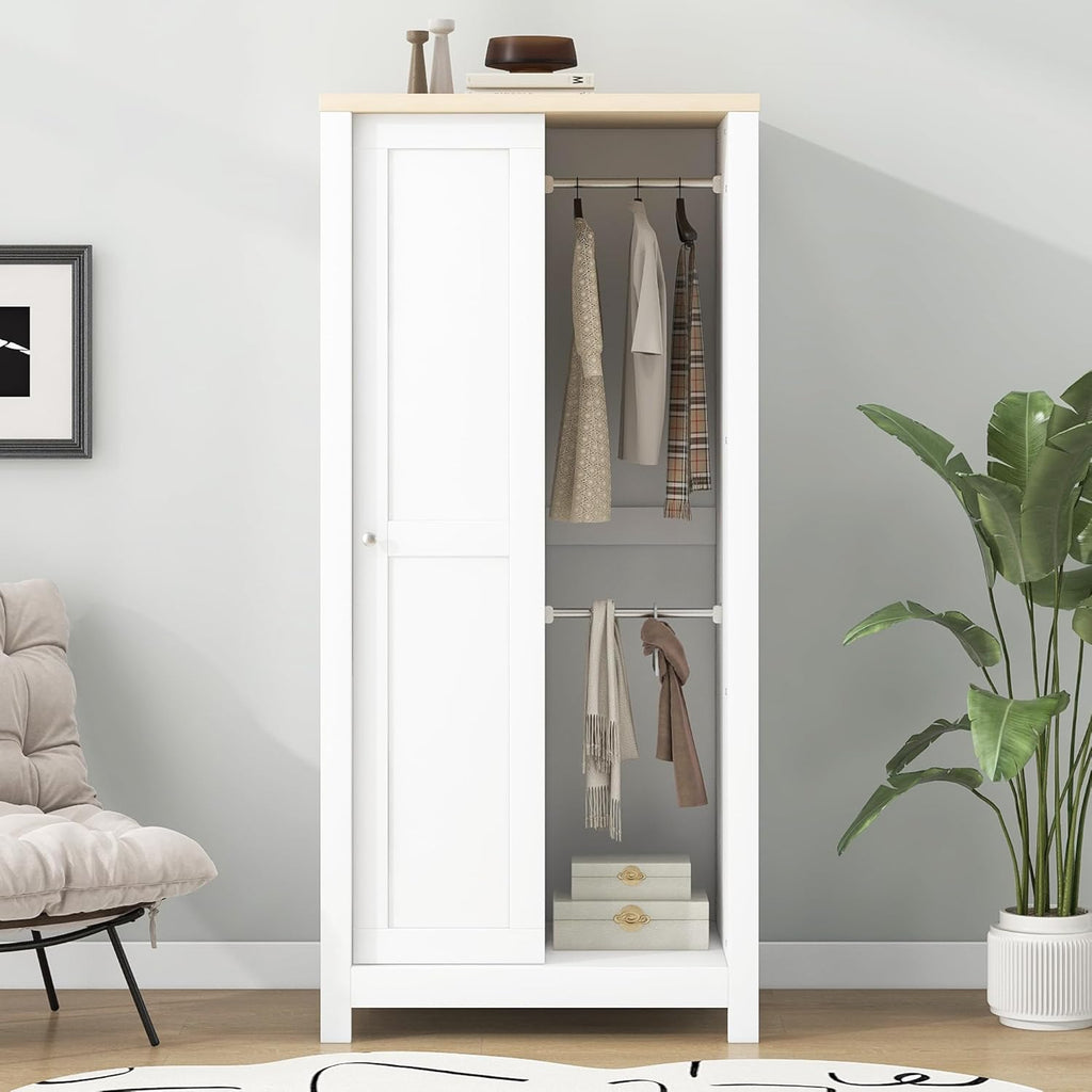 Wardrobe Closet Organizer with 2 Drawers, Open Shelves and Hanging Rods, White Y359