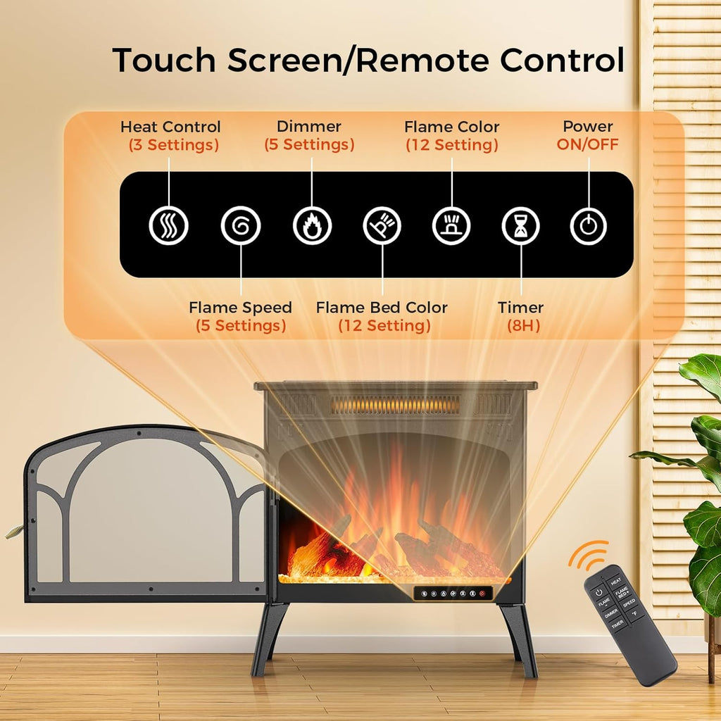 Electric Fireplace Heater, Free-Standing 3D Infrared Stove with Remote Control and Timer S23984