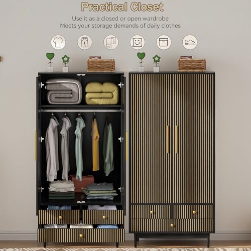 Wooden Wardrobe Closet with 2 Fluted Doors and 3 Drawers W2191