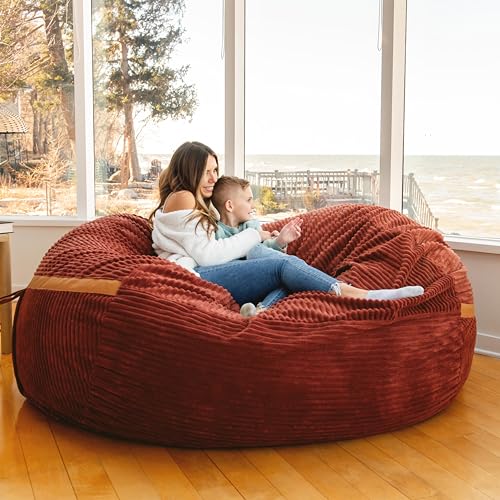 XXL Foam Filled Bean Bag Chair with Removable Cover, Deep Terracotta Corded Plush, 6 feet E194868
