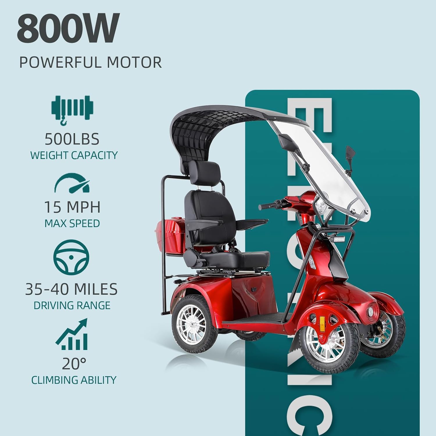 Heavy Duty Mobility Scooter with Roof & Windshield, 500 lbs Capacity D23913