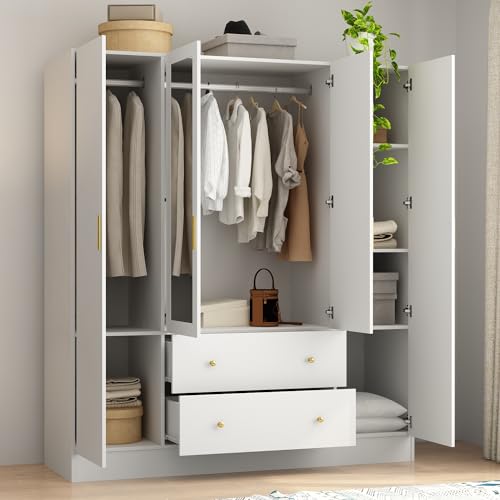 4-Door Armoire Wardrobe with Mirror, 2 Drawers, 2 Hanging Bars & 7 Shelves P76619