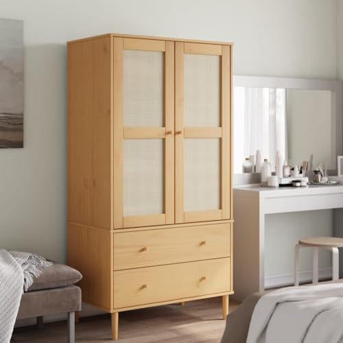 Wardrobe Rattan Look Brown 35.4"x21.7"x68.9" Solid Wood Pine,Pine Wood Wardrobe with Ample Storage and Rattan Look for Boho Decor Armoires & Wardrobes, Bedroom Cabinets & Storage