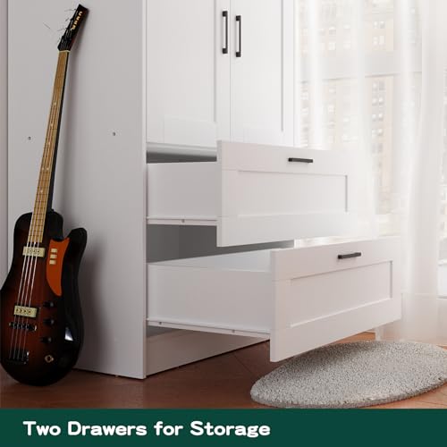 Wood Wardrobe Closet with 2 Doors and Drawers, Freestanding Armoire Storage Cabinet with Shelves P843