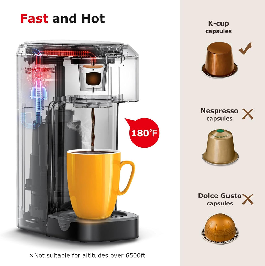 Single Serve Coffee Maker for K Cup Capsule, Fast Brewing, 6 to 12oz Brew Sizes V1235