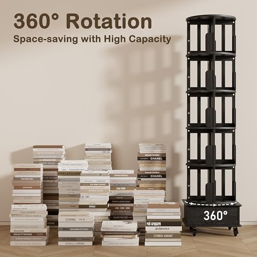 Solid Wood Rotating Book Shelf, 360° Display Bookcase with Drawer, 5-Tier Mobile Bookshelf with Wheels, 79" Tall X15733