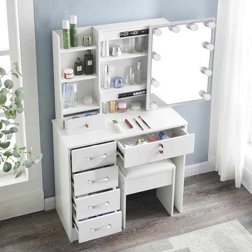 Makeup Vanity Desk with Lighted Mirror & 3 Lighting Modes Adjustable Brightness, Vanity Table with 6 Drawers and Storage Shelves, Vanity Set with Upholstered Stool
