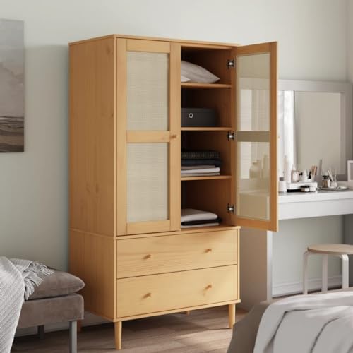 Rattan Look Pine Wood Wardrobe for Bedroom I74194