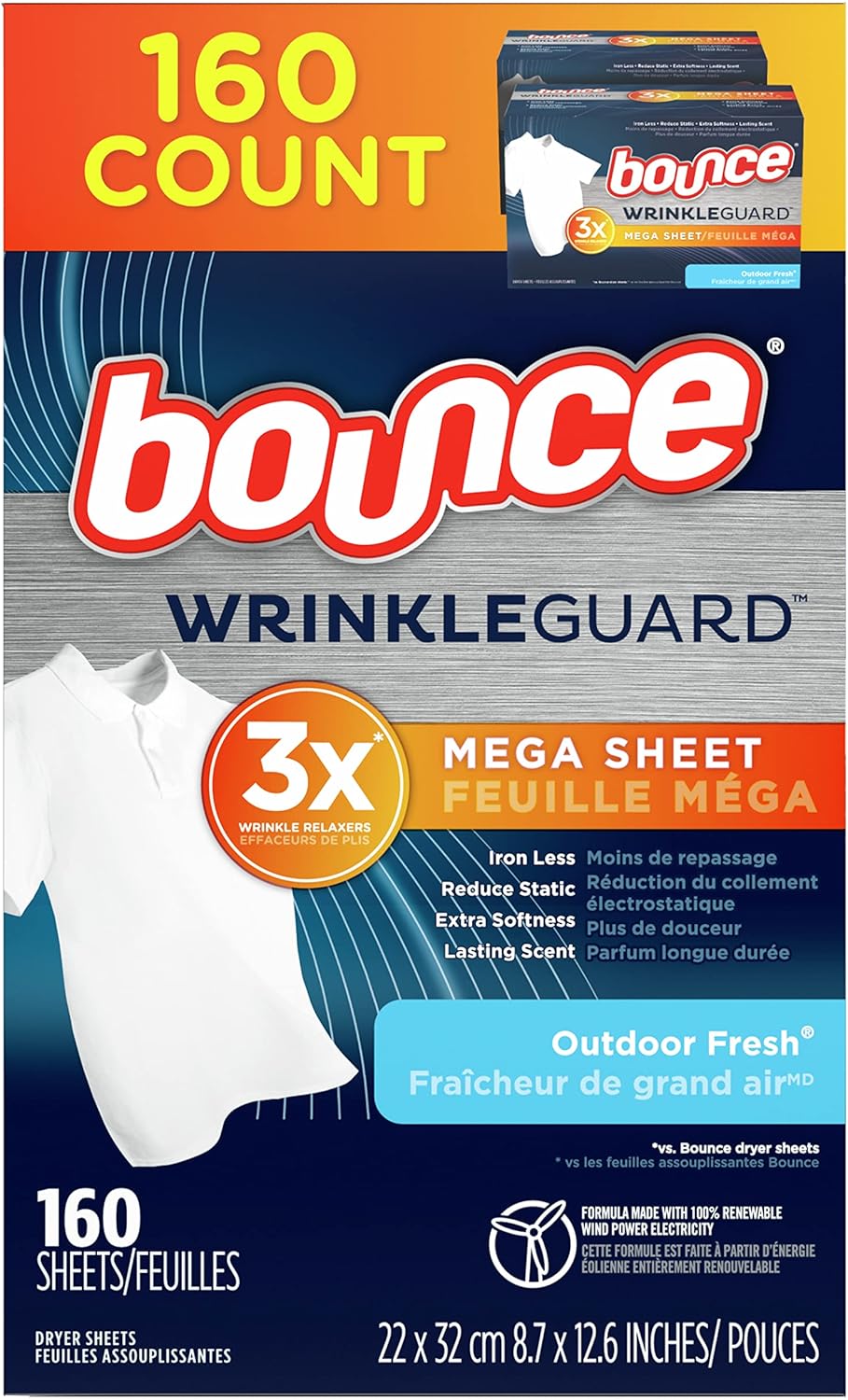 Dryer Sheets, Fabric Softener and Wrinkle Releaser, Outdoor Fresh Scent, 160 Count A454