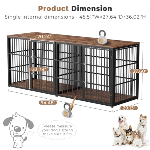 Large Dog Crate Furniture TV Stand with Double Rooms for 2 Dogs, Wooden Kennel End Table with Removable Divider S13770
