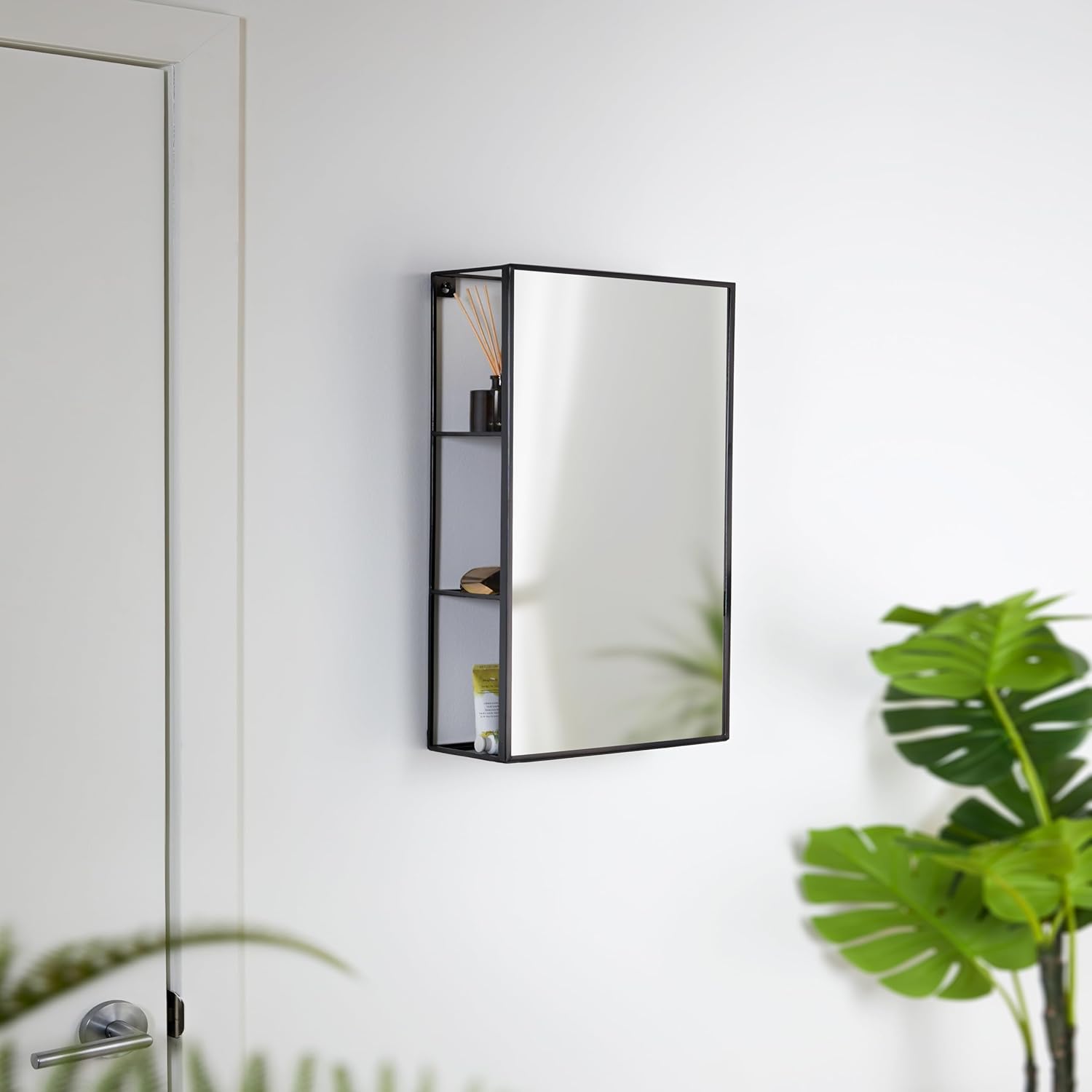 Black Metal Bathroom Mirror Storage Cabinet with 3 Shelves G8110
