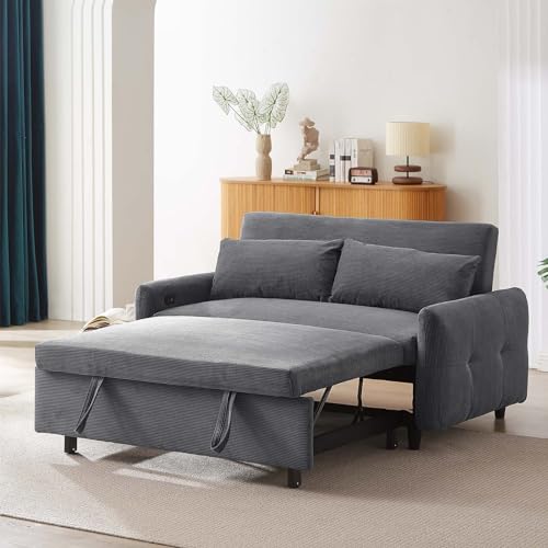 Sleeper Sofa Couch Bed with USB Ports, 57" Corduroy Convertible Futon, Grey S414699