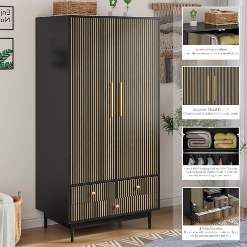 Wooden Wardrobe Closet with 2 Fluted Doors and 3 Drawers W2191