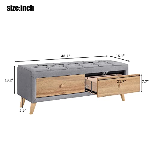 Upholstered Storage Ottoman Bench with 2 Drawers, Gray Y784182