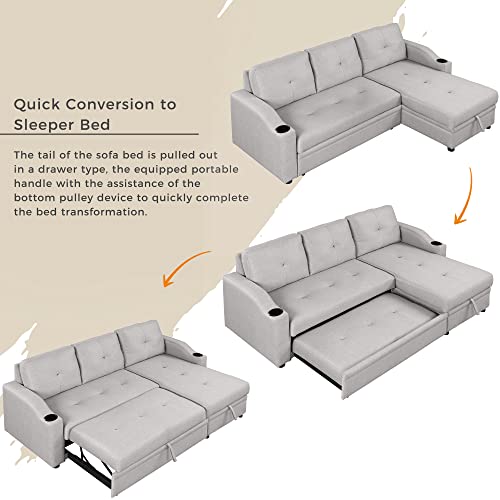 Pull Out Sofa Bed with Storage Chaise and Cup Holder U492
